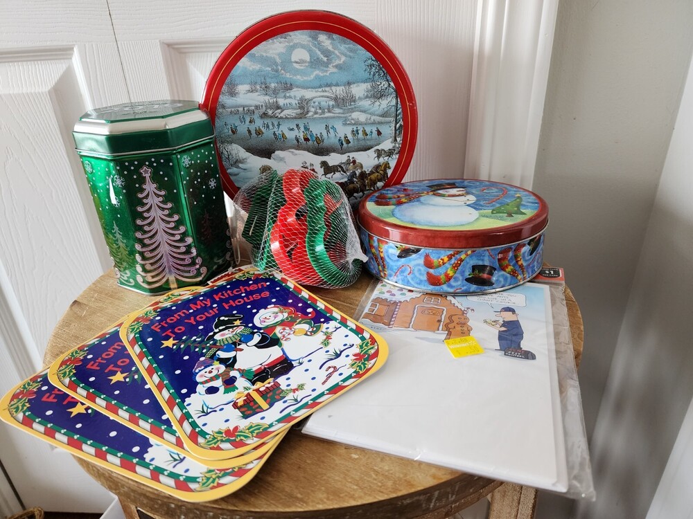 Lot Of Vintage Christmas Tins Cookies Nuts Candy, Cookie Cutters, Cards